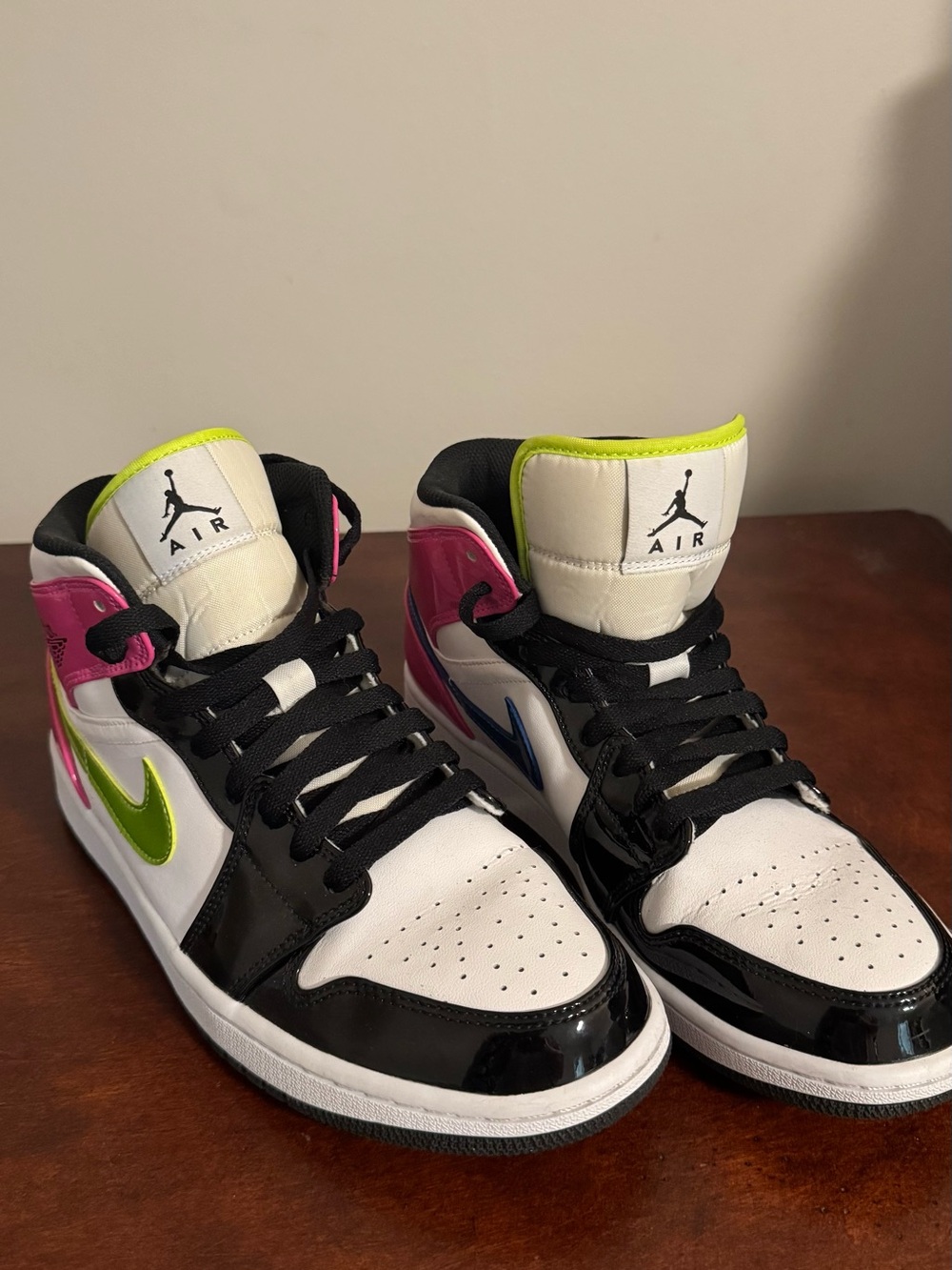 Nike Air Jordan High-Top Sneakers in White, Black, Neon Green & Hot Pink